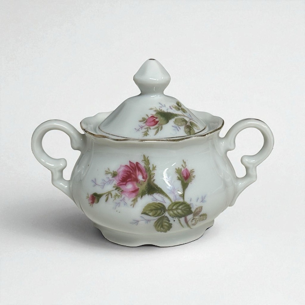 Vintage Wales Japan Sugar Bowl W/‎ Lid Moss Rose Gold Guilding Red Rose Design